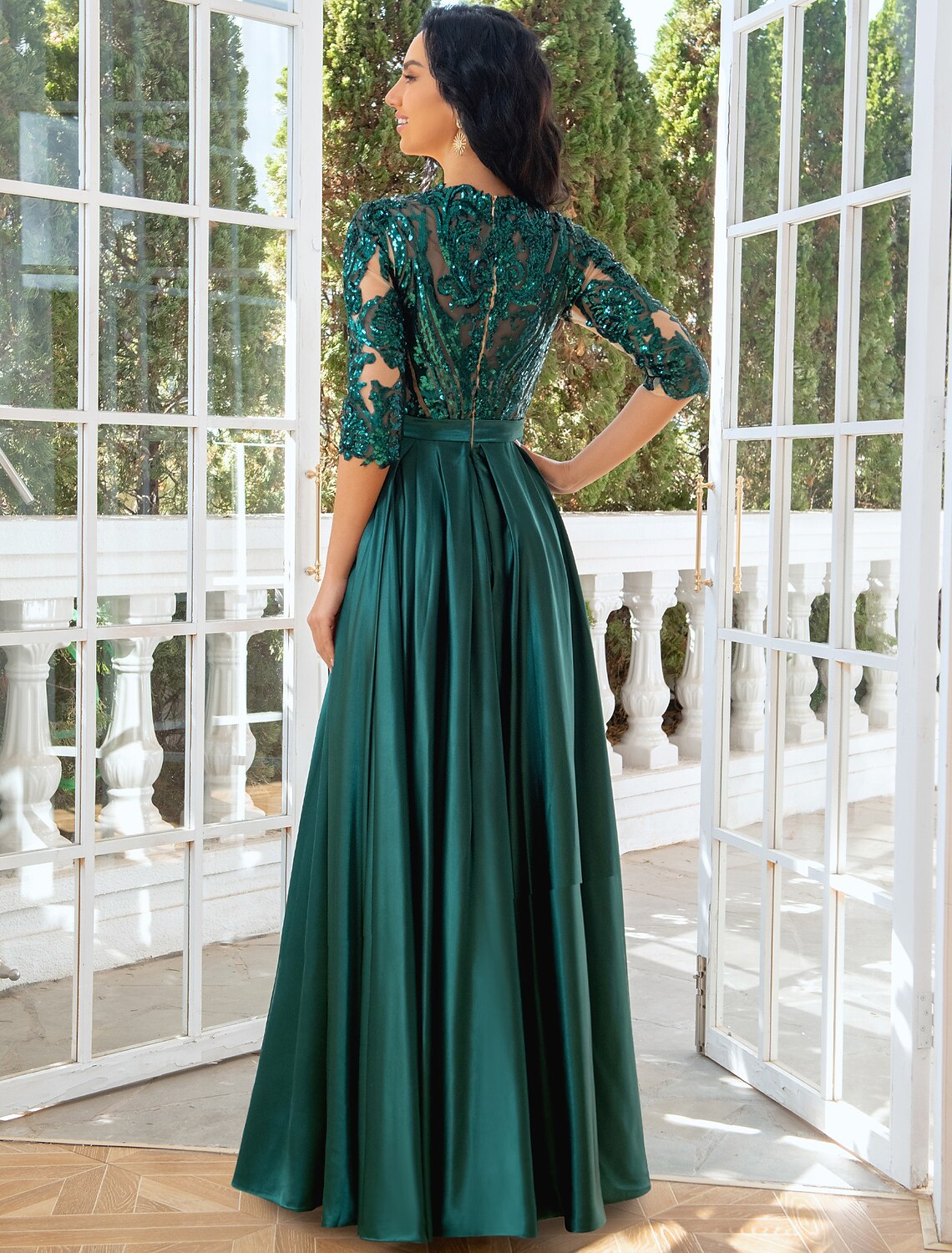 Wholesale A-Line Evening Gown Sparkle & Shine Dress Wedding Party Birthday Floor Length Half Sleeve Illusion Neck Satin with Pleats Sequin